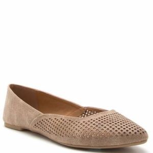 Pointed Toe Perforated Suede Taupe Flats, Size 9